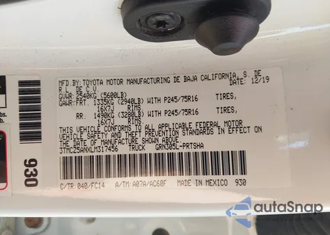 2020 Toyota Tacoma Sr5 V6 из США, поврежденный, VIN 3TMCZ5ANXLM317456